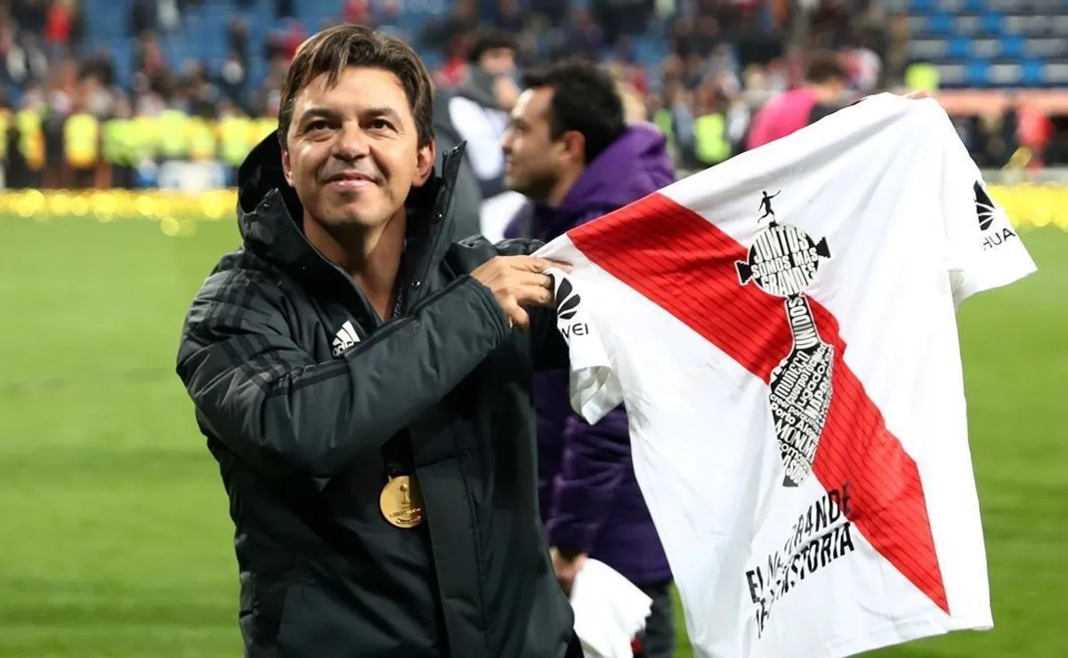 El Muñeco durante los festejos en el Bernabéu tras ganar la Libertadores 2018.