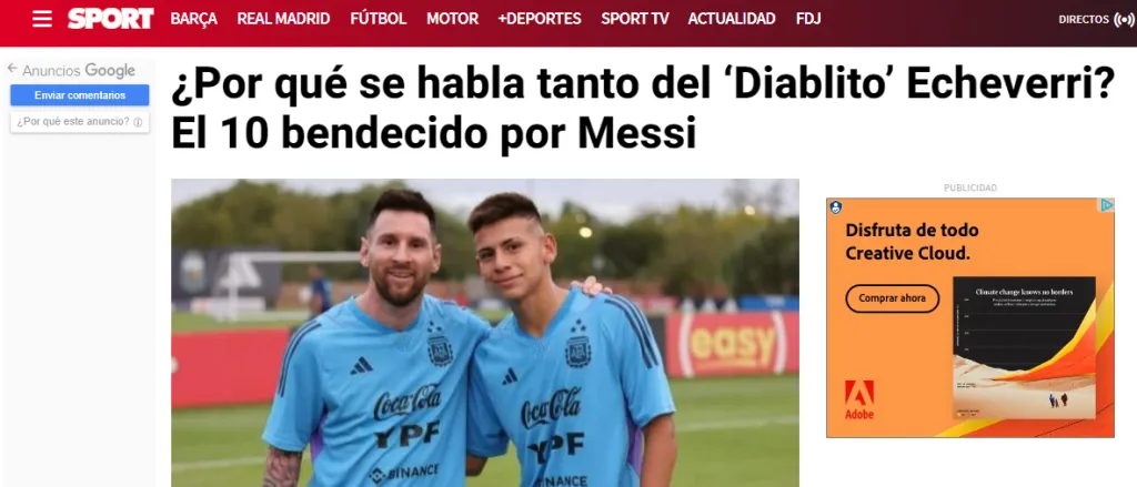 El diario Sport destaca a Echeverri en su portada (Captura)