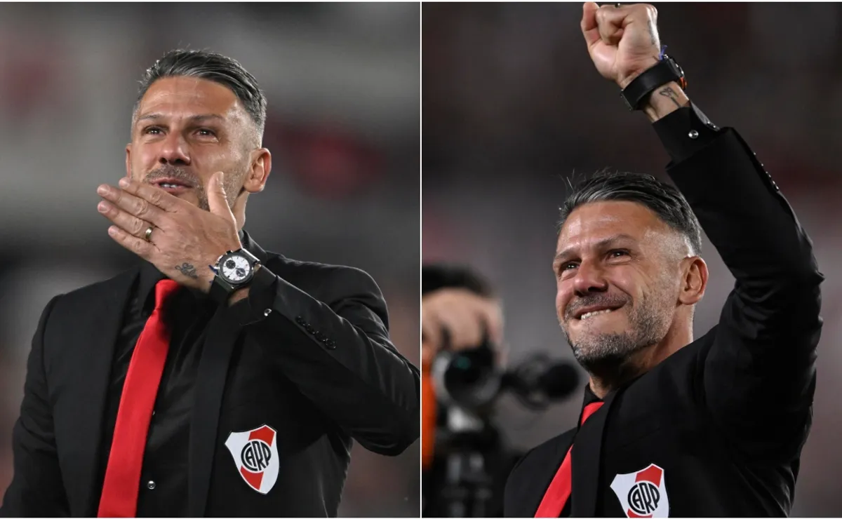 El técnico festejando al final, de cara al palco donde estaban sus familiares.