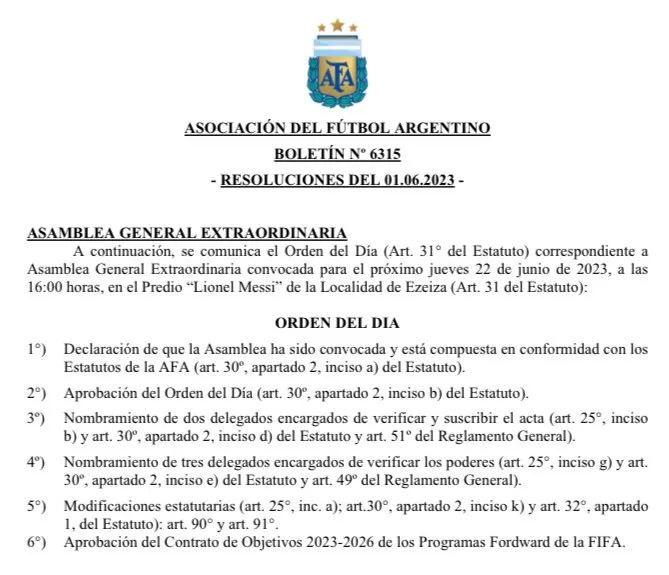 El llamado a asamblea por parte de la AFA. El punto 5 plantea la modificación de los artículos 90 y 91, los que hablan de la cantidad de descensos.