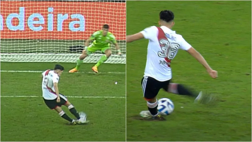 El momento en que Solari patina y su pie izquierdo desvía la pelota antes de pegarle con la derecha. (Foto: Captura de TV).