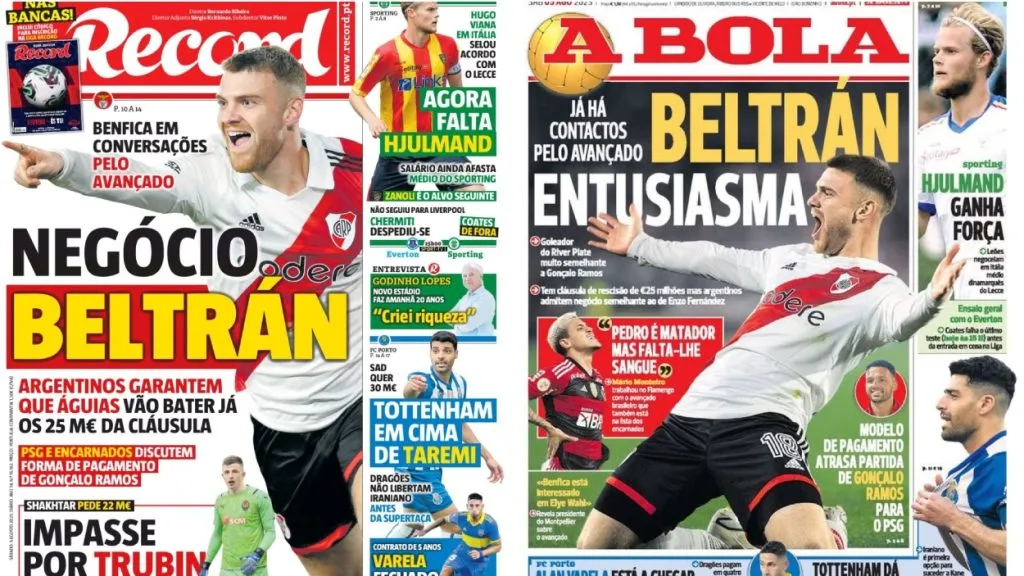Lucas Beltrán apareció en la portada de todos los diarios deportivos principales de Portugal