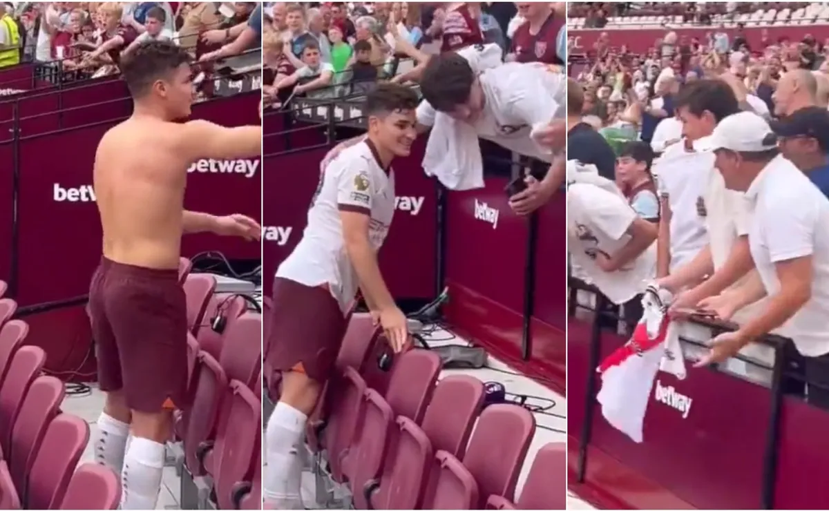 Julián Álvarez con los hinchas de River.