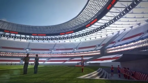 Uno de los renders que presentó Rololfo D’Onofrio, ex presidente de River, en 2013 sobre cómo quedaría el estadio techado. Su propuesta incluía un techo de una sola pieza, de color blanco, que se construiría desde el suelo con una estructura exterior, se conectaría con las tribunas más altas y saldría por encima.