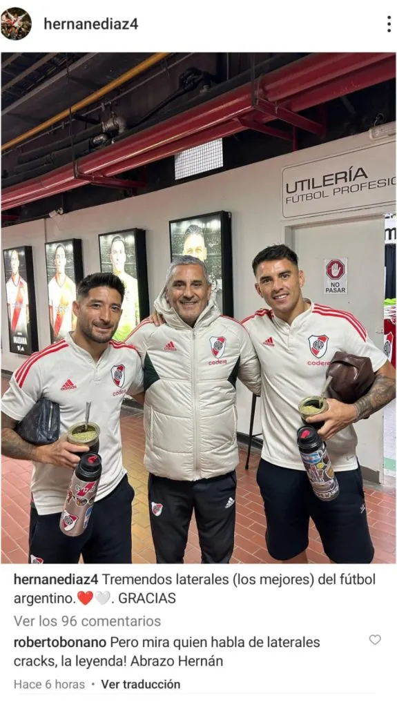 Hernán Díaz destacó a ambos laterales de River. (Foto: Instagram Hernán Díaz).