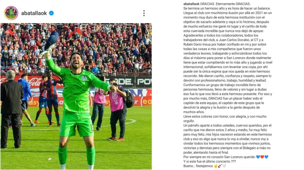 La ¿despedida? de Batalla de San Lorenzo. (Foto: Instagram).