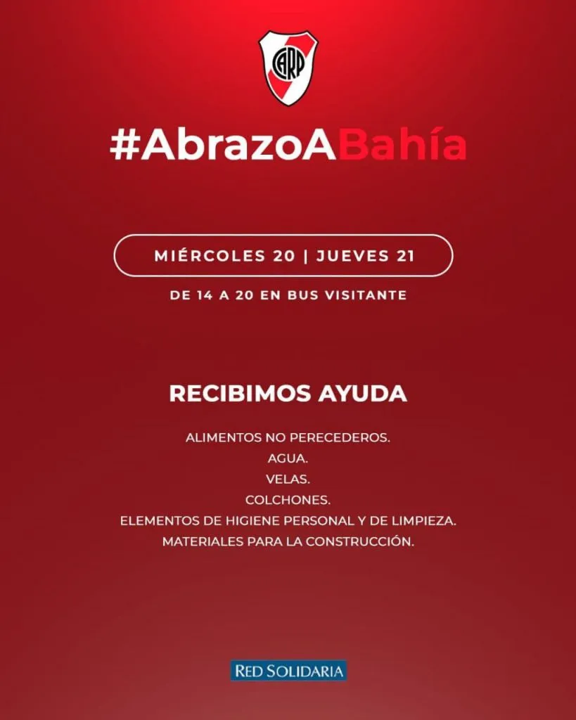 River ayudará a Bahía Blanca. (Foto: Prensa River).
