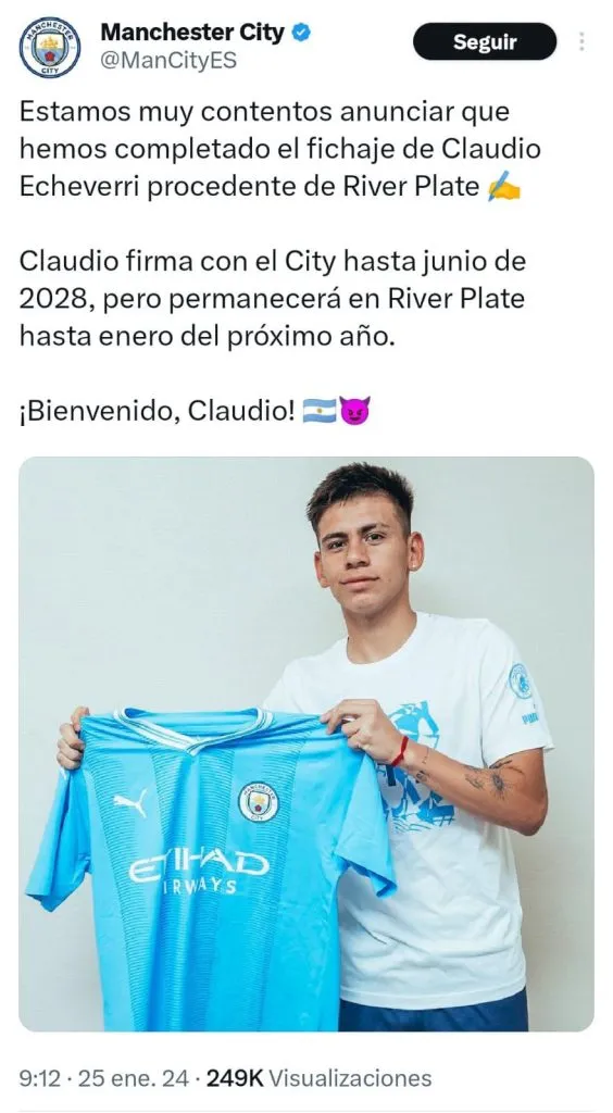 El Diablito fue presentado en el Twitter del Manchester City a las 9:12. (Foto: Twitter).