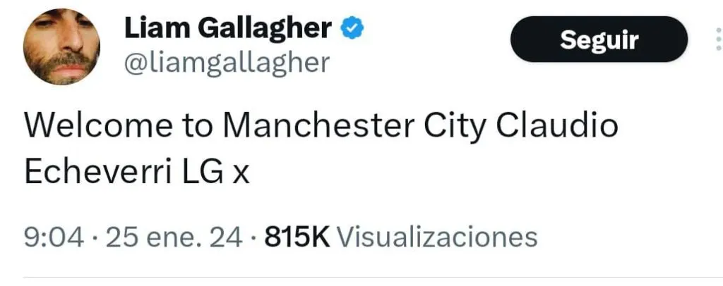 El saludo del cantante de Oasis al Diablito Echeverri. (Foto: Twitter).