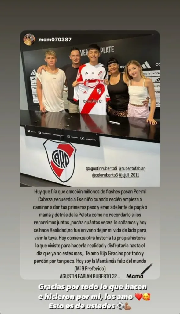 La carta de la mamá de Agustín Ruberto y la reacción del delantero de River.