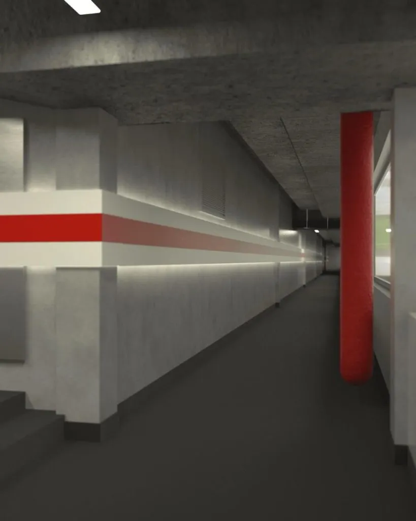 Mucho más blanco y rojo en los pasillos que dan a los vestuarios (Foto: Prensa River)