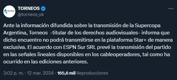 El comunicado difundido por Torneos hace un día.