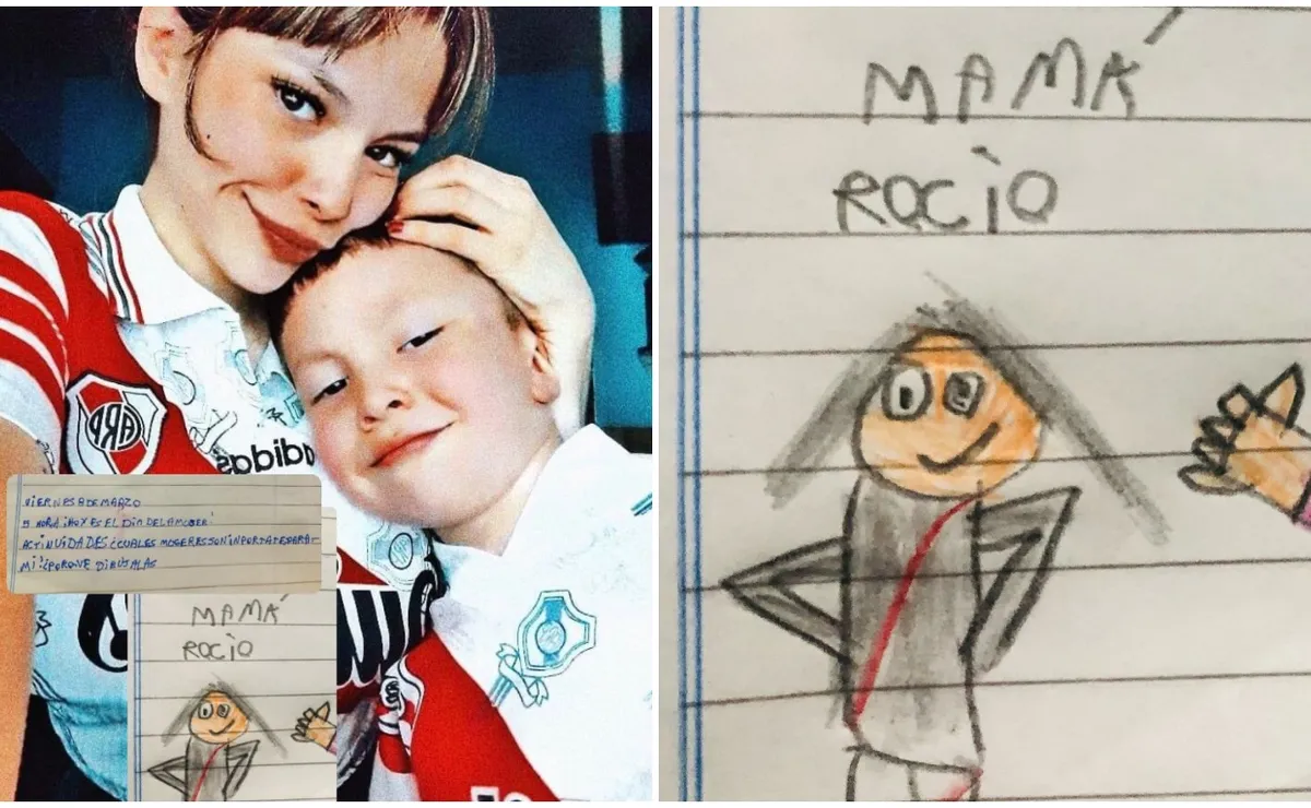 Rocío y su hijo Juanma, quien la dibujó con la camiseta de River para el día de la mujer (Twitter: @RocioCasco98).