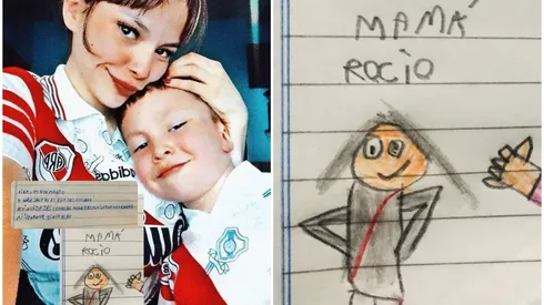 Rocío y su hijo Juanma, quien la dibujó con la camiseta de River para el día de la mujer (Twitter: @RocioCasco98).