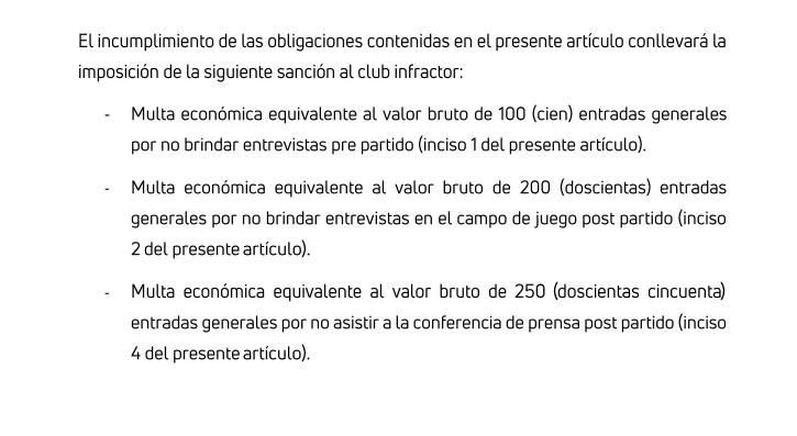 El fragmento del reglamento de la LPF sobre las conferencias de prensa.