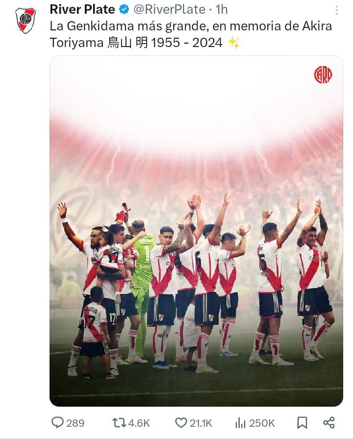 El homenaje de River a Dragon Ball y Akira Toriyama. (Foto: Twitter).