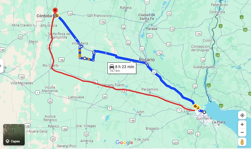 En azul, el trayecto para los hinchas de River y en rojo para los de Boca.