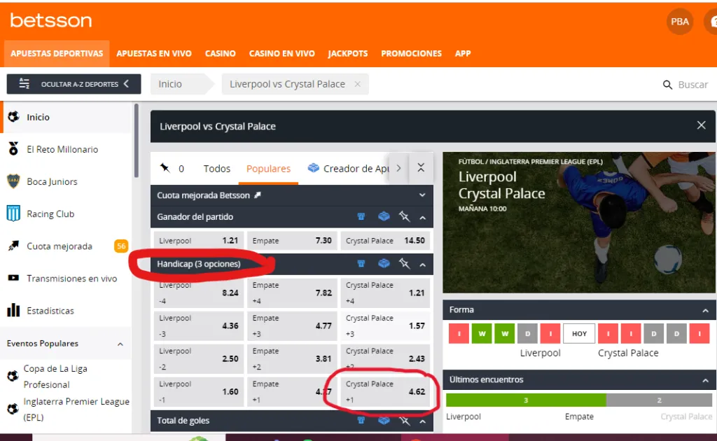 pantalla mostrando cómo hacer apuestas hándicap en Betsson
