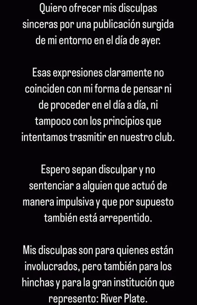 El pedido de disculpas de David Martínez vía Instagram (Foto: Captura)