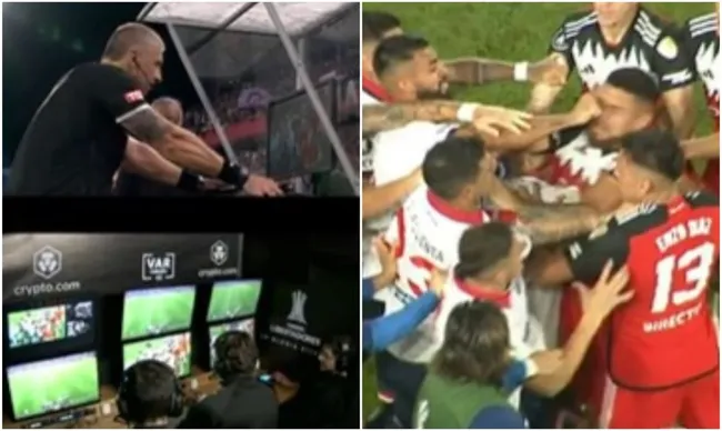 El árbitro brasileño Anderson Daronco, el VAR y la piña de Gastón Romero a Paulo Díaz en Nacional vs River (Foto: Captura TV).
