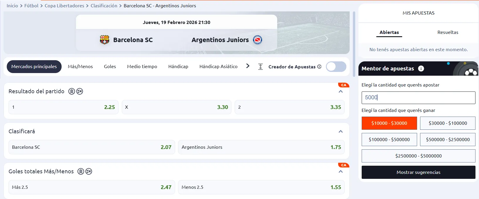 Captura realizada desde la web de Betano