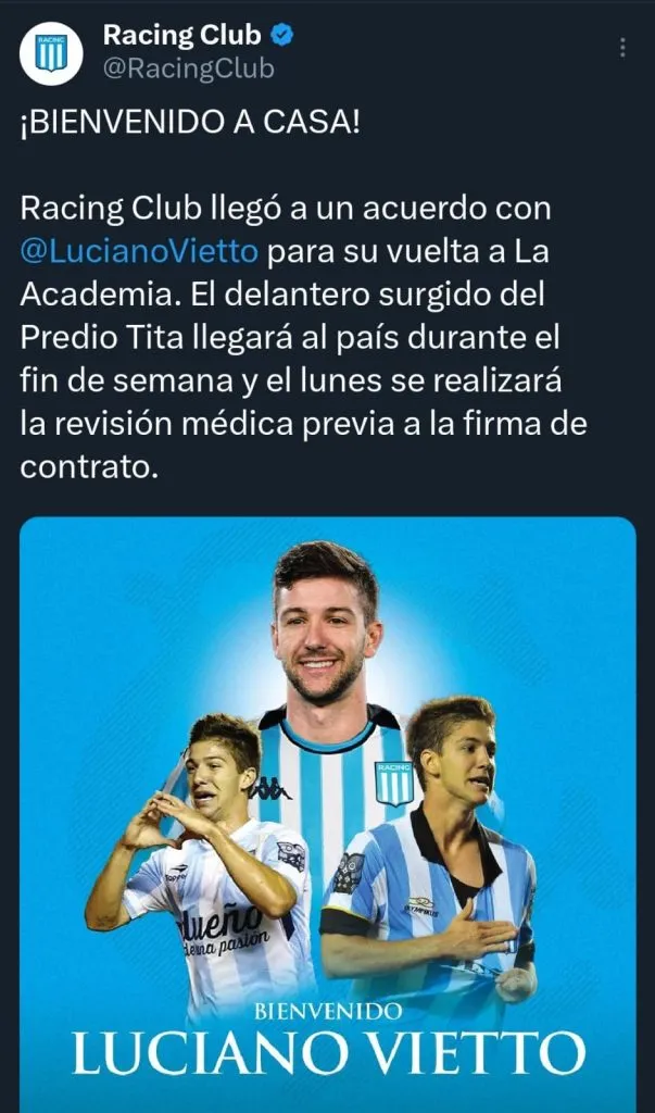 Racing presentó a Luciano Vietto en sus redes (Foto: Twitter).