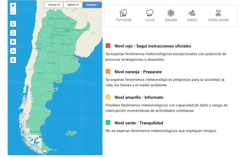 Fin de las alertas del SMN para el domingo por la tarde cuando River visite a Independiente por la Liga Profesional 2024 (FOTO: Servicio Meteorológico Nacional).
