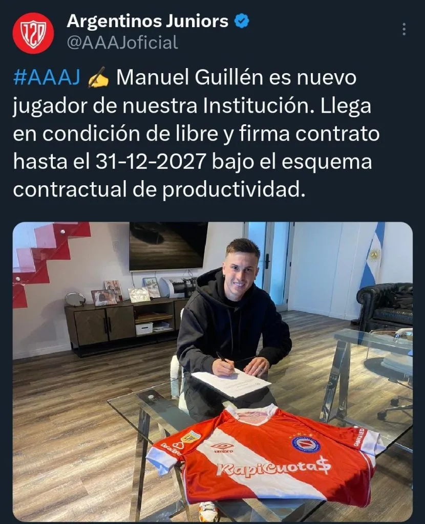 Argentinos Juniors presentó a Manuel Guillén (@AAAJoficial).