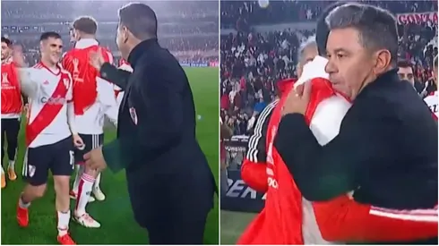 El abrazo de Marcelo Gallardo a los jugadores de River tras el triunfo y la clasificación vs Talleres).