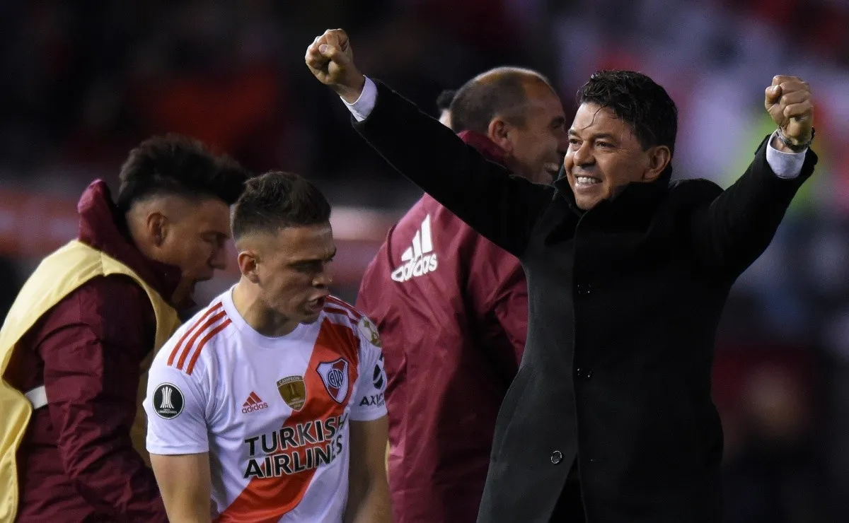 Gallardo y Borré, en el festejo del triunfo del 2019 en el Monumental, en la ida de la semifinal de la Libertadores.