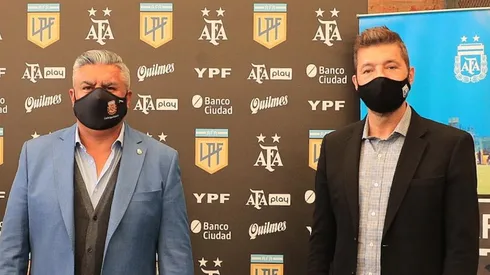 Claudio Tapia, presidente de la AFA, y Marcelo Tinelli, presidente de la Liga Profesional. Cada cual atiende su juego.