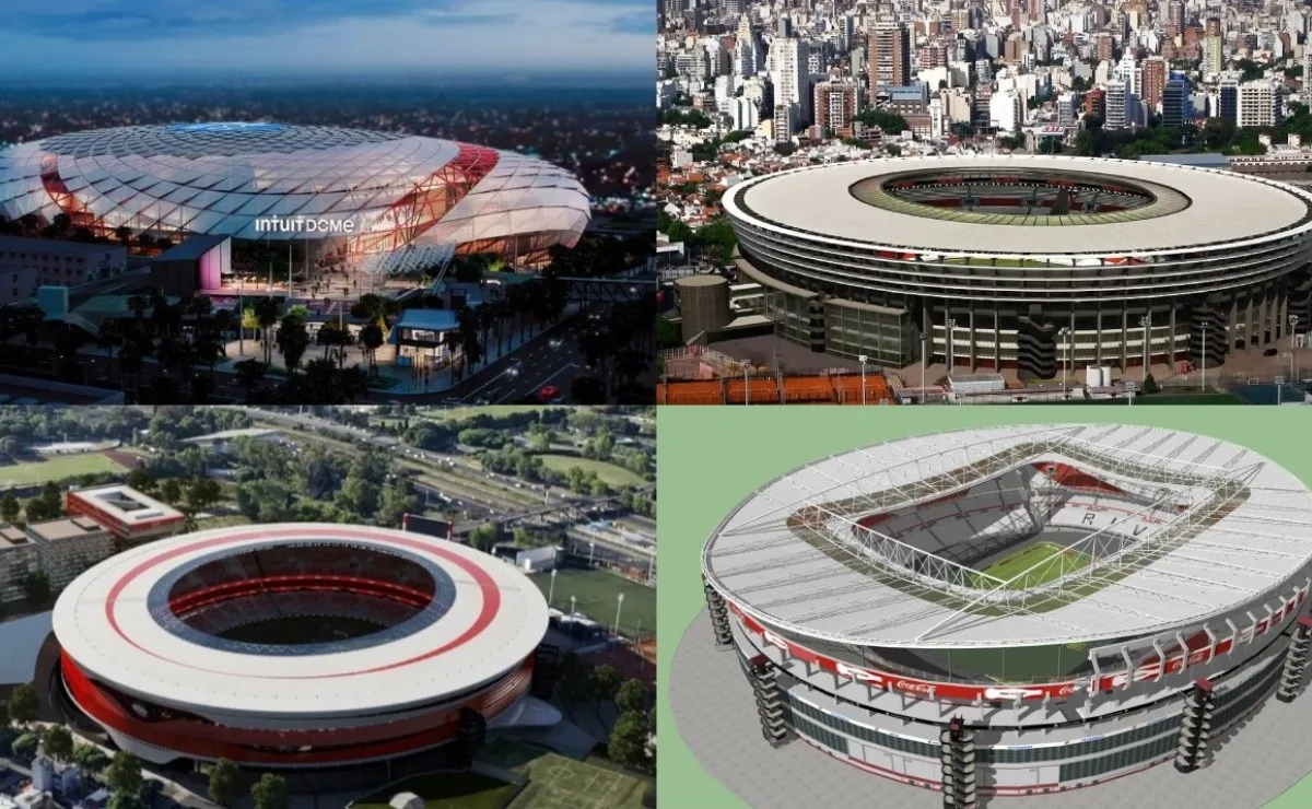 Los diferentes renders que circulan sobre el posible techo para el Monumental en un futuro.