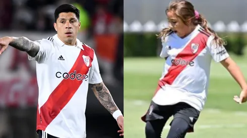Una foto imperdible de la pequeña jugando al fútbol y con la casaca de River.
