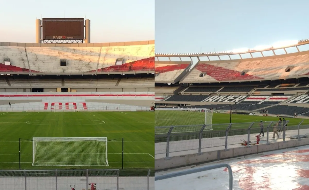 Cae el sol en el Estadio Monumental y resalta el color rojo en las tribunas.