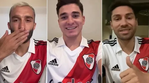 Pezzella, Julián y Cachete, parte del agradecimiento por el homenaje a los campeones.