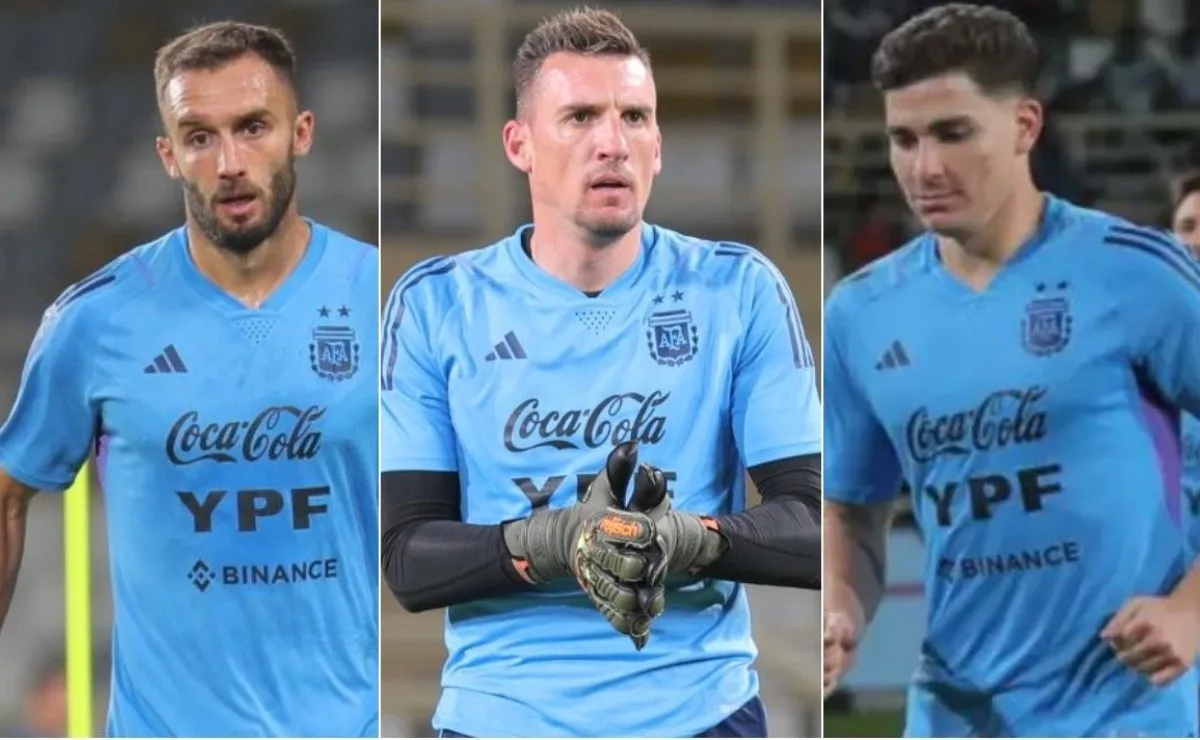 Germán Pezzella, Franco Armani y Julián Álvarez.