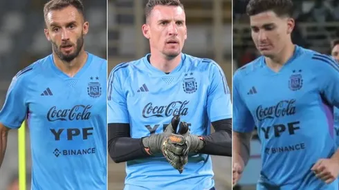 Germán Pezzella, Franco Armani y Julián Álvarez.