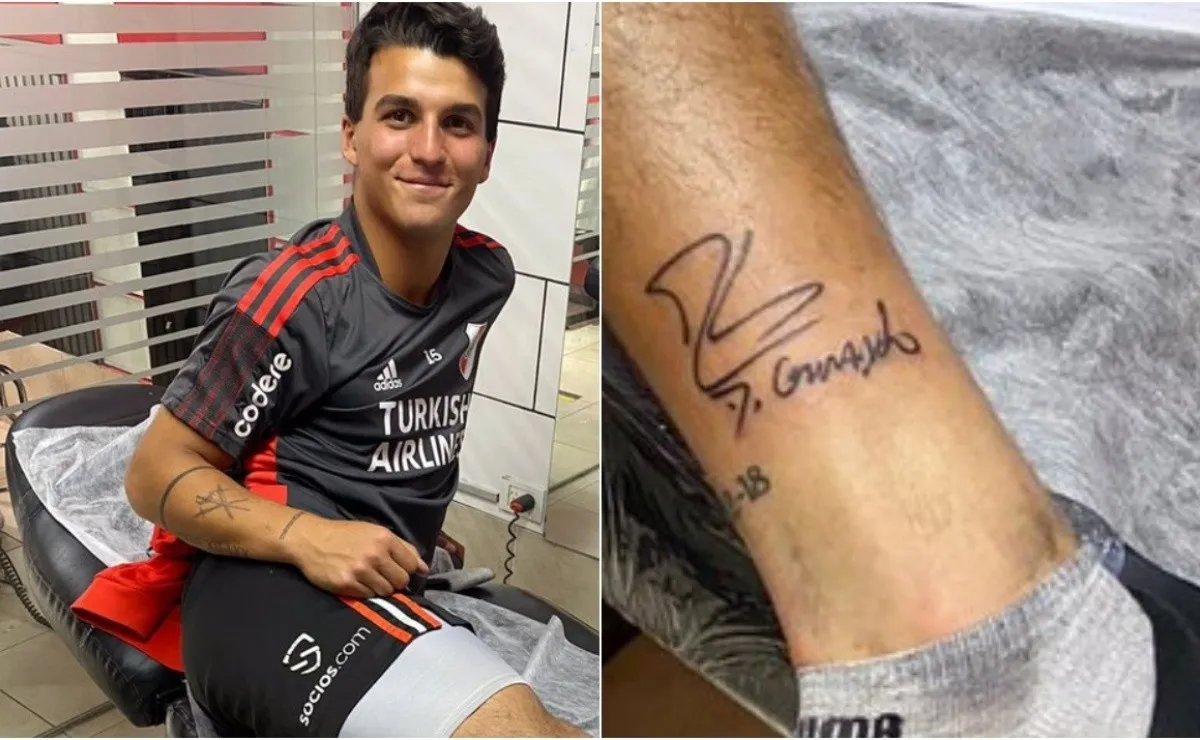 Enzo Evangelista decidió inmortalizar la firma del Muñeco en su pierna derecha.