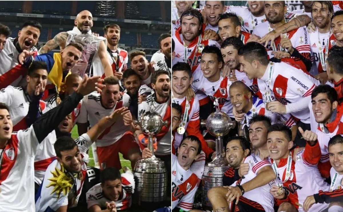 El festejo con la Copa en el Bernabéu y en el Monumental. Ponzio, gran protagonista en ambos títulos.
