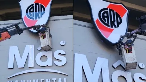 El nuevo escudo del Estadio Monumental, ya instalado sobre los accesos de Av. Figueroa Alcorta.