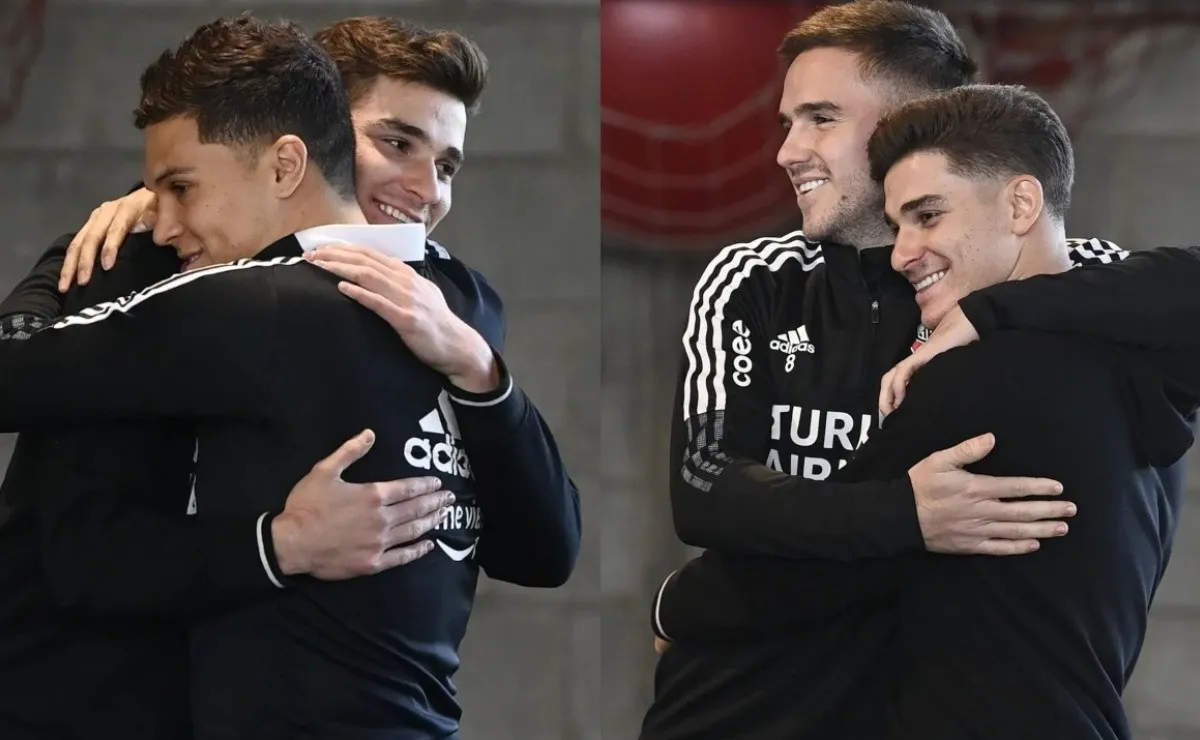 Abrazos por doquier: nadie quiere soltar a Julián en su último día como jugador de River.