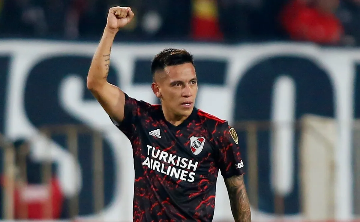 SANTIAGO, CHILE - APRIL 27: Esequiel Barco of River Plate celebrates after scoring the second goal of his team during a match between Colo Colo and River Plate as part of Copa CONMEBOL Libertadores 2022 at Estadio Monumental David Arellano on April 27, 2022 in Santiago, Chile. (Photo by Marcelo Hernandez/Getty Images)-Not Released (NR)