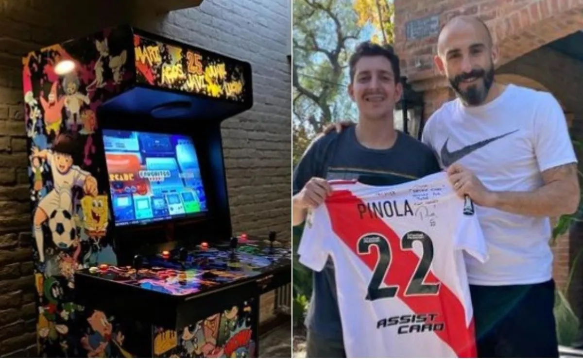 Javier Pinola compró una máquina impresionante de arcade personalizada y le regaló al que la hizo su camiseta de River firmada.