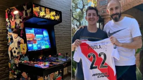 Javier Pinola compró una máquina impresionante de arcade personalizada y le regaló al que la hizo su camiseta de River firmada.
