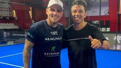 Marcelo Gallardo junto a Fede Chiostri, uno de los candidatos a ganar el Master que se desarrolla en el microestadio de River.
