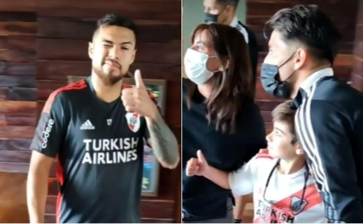 Paulo Díaz saluda y Milton Casco se saca fotos con los hinchas de River que esperaron ansiosos en el hotel al plantel antes que salgan a entrenarse.
