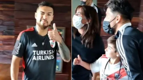 Paulo Díaz saluda y Milton Casco se saca fotos con los hinchas de River que esperaron ansiosos en el hotel al plantel antes que salgan a entrenarse.