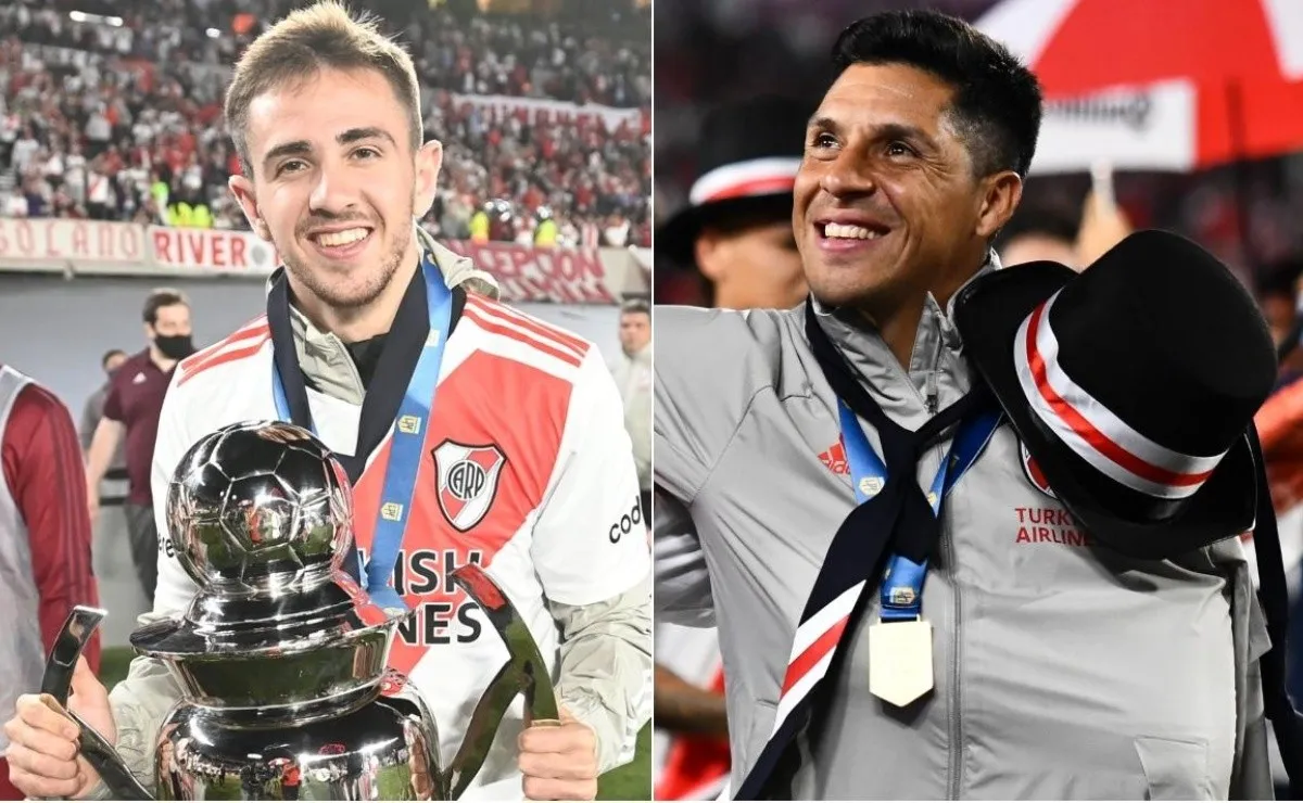 Felipe Peña y Enzo Pérez, que se encuentran recuperándose de sus lesiones, celebraron el título de River en el campo de juego y el juvenil tiró magia.
