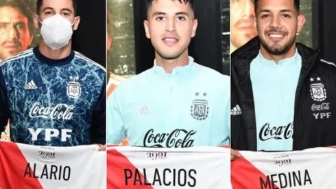 Alario, Palacios y Medina, tres de los ex River que recibieron un Manto Sagrado personalizado como regalo en la visita de la Selección Argentina al Monumental.