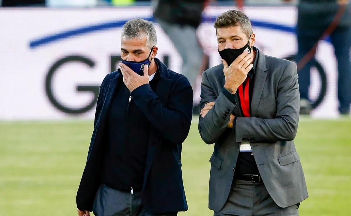 Marcelo Tinelli junto a Gabriel Pellegrino, presidente de Gimnasia y también opositor a que River juegue en Ezeiza.